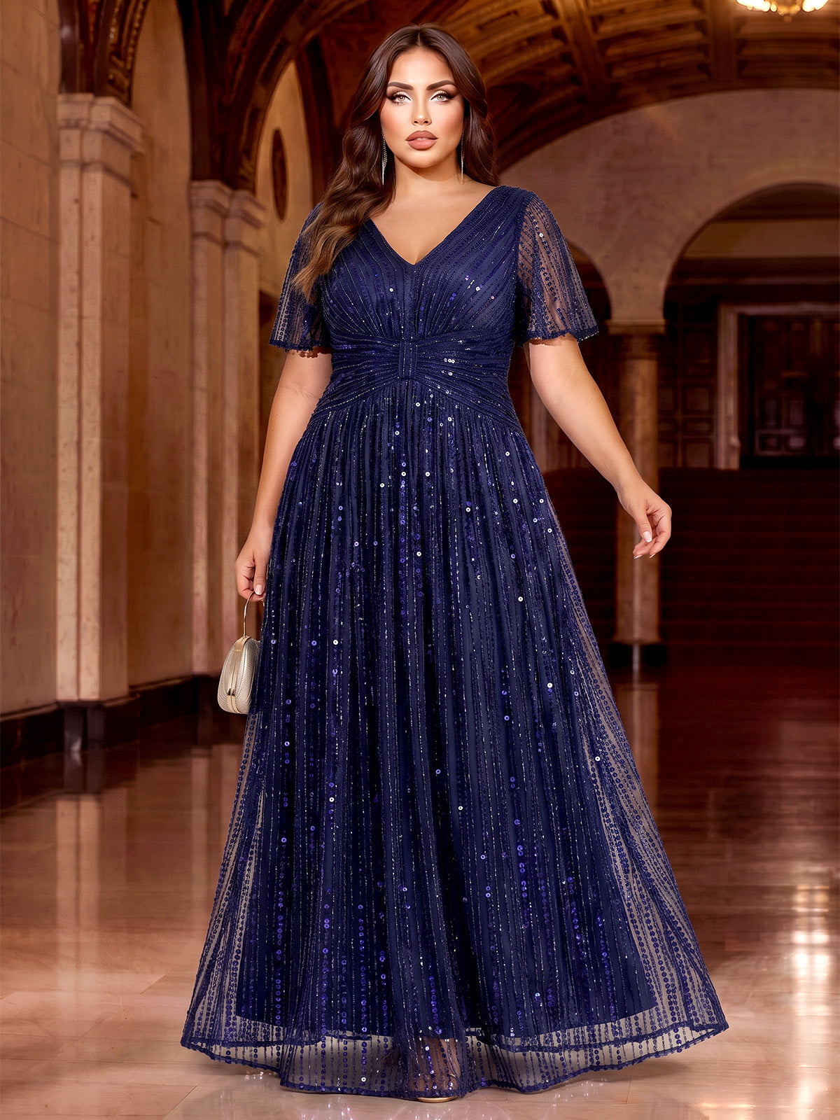A-Line/Princess Plus Size Evening Dresses Sequins Floor-Length V-Neck Illusion Short Sleeves Pleated Zipper