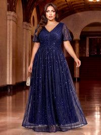A-Line/Princess Plus Size Evening Dresses Sequins Floor-Length V-Neck Illusion Short Sleeves Pleated Zipper