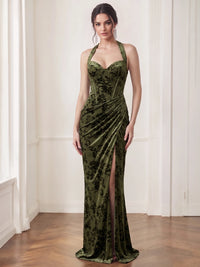 Sheath/Column Evening Dresses Halter Neck Sleeveless Runched Embroidery Green Formal Wedding Guest Dress With High Slit