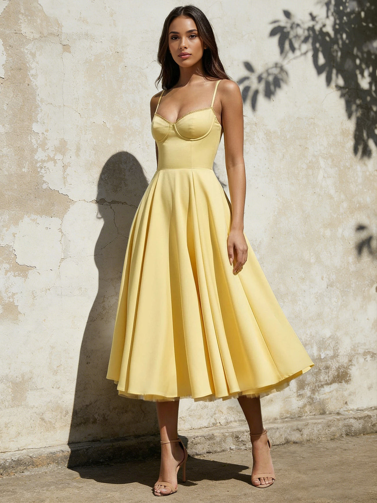 Nafori Yellow A-Line/Princess Cocktail Dress Spaghetti Straps Sleeveless Tea-Length Dress with Tulle Petticoat 2026