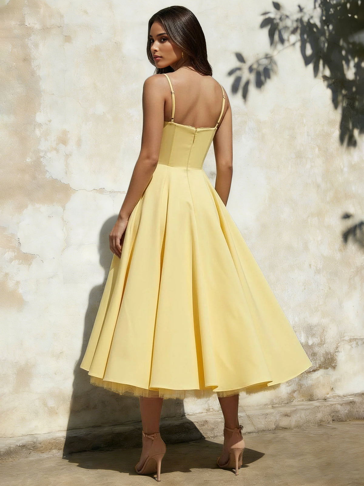 Nafori Yellow A-Line/Princess Cocktail Dress Spaghetti Straps Sleeveless Tea-Length Dress with Tulle Petticoat 2026
