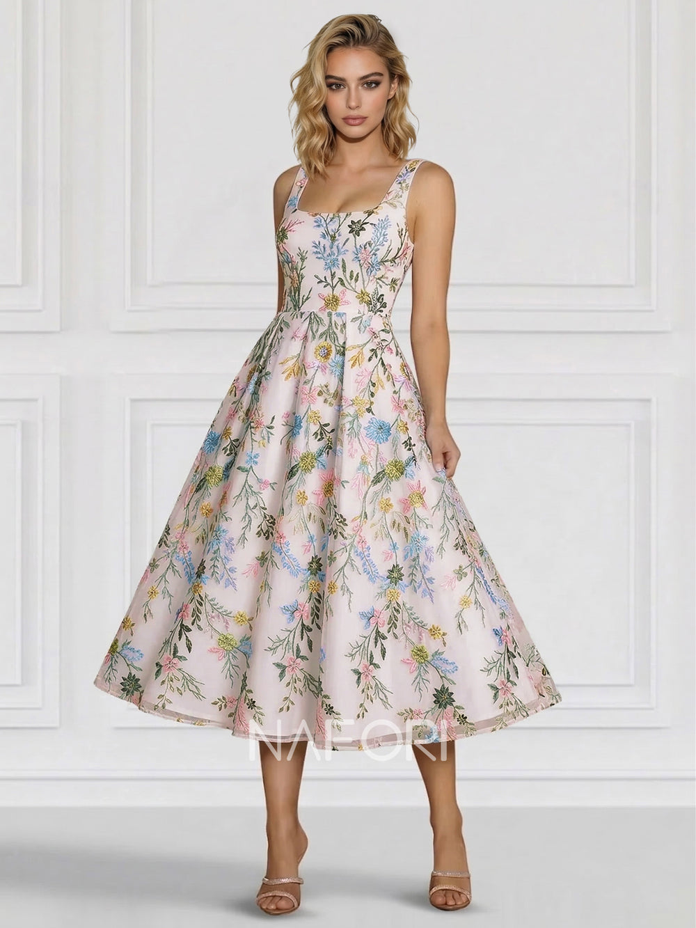 A-Line/Princess Elegant Cocktail Dress Square Neck Tea-Length Floral Embroiery Dress Formal Wedding Guest