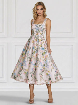 A-Line/Princess Elegant Cocktail Dress Square Neck Tea-Length Floral Embroiery Dress Formal Wedding Guest