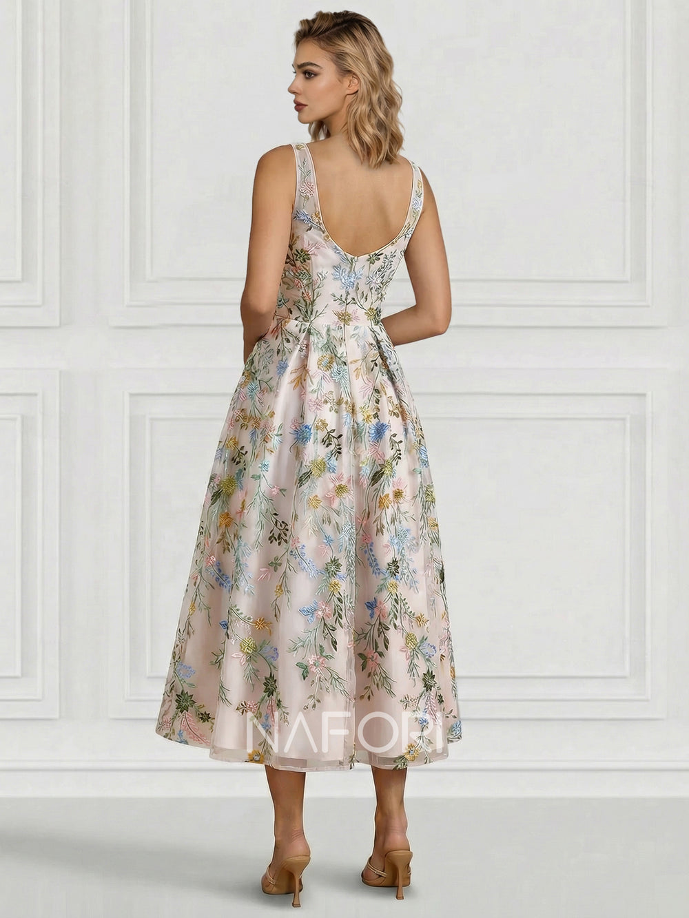 A-Line/Princess Elegant Cocktail Dress Square Neck Tea-Length Floral Embroiery Dress Formal Wedding Guest