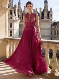 A-Line/Princesses Evening Formal Dress Pleated Floor Length SleevFuchsiaeless Rhinestone V Neck Mother Of The Bride Dress