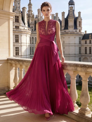 A-Line/Princesses Evening Formal Dress Pleated Floor Length SleevFuchsiaeless Rhinestone V Neck Mother Of The Bride Dress