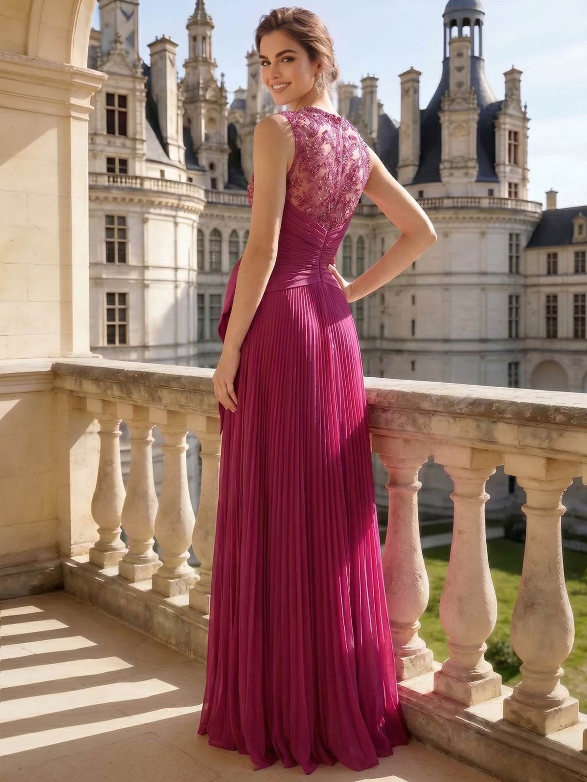 A-Line/Princesses Evening Formal Dress Pleated Floor Length SleevFuchsiaeless Rhinestone V Neck Mother Of The Bride Dress