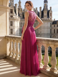 A-Line/Princesses Evening Formal Dress Pleated Floor Length SleevFuchsiaeless Rhinestone V Neck Mother Of The Bride Dress