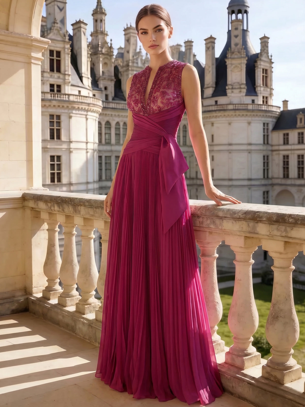 A-Line/Princesses Evening Formal Dress Pleated Floor Length SleevFuchsiaeless Rhinestone V Neck Mother Of The Bride Dress