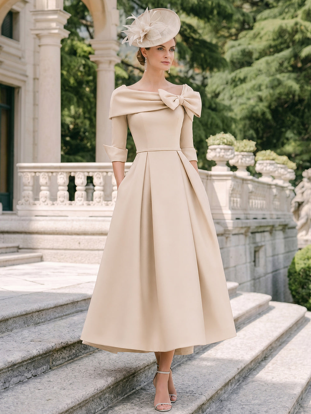 A-Line Mother Of The Bride Dress Elegant Formal Gown Wedding Guest Satin Tea-Length 1/2 Sleeves Off-The-Shoulder With Bowknot Cocktail Dresses