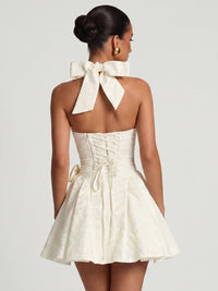A-Line/Princess Homecoming Dresses Jacquard Plunge Halter Sleeveless Short Lace-Up Boning With Detachable Bows