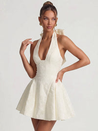 A-Line/Princess Homecoming Dresses Jacquard Plunge Halter Sleeveless Short Lace-Up Boning With Detachable Bows