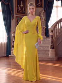 Sheath/Column Evening Dresses Chiffon V Neck Sleeveless Floor-Length Ruched With Cape Feather Fur