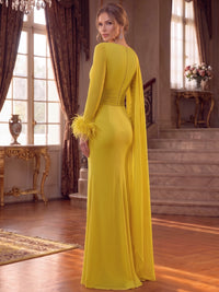 Sheath/Column Evening Dresses Chiffon V Neck Sleeveless Floor-Length Ruched With Cape Feather Fur