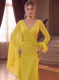 Sheath/Column Evening Dresses Chiffon V Neck Sleeveless Floor-Length Ruched With Cape Feather Fur