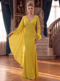 Sheath/Column Evening Dresses Chiffon V Neck Sleeveless Floor-Length Ruched With Cape Feather Fur