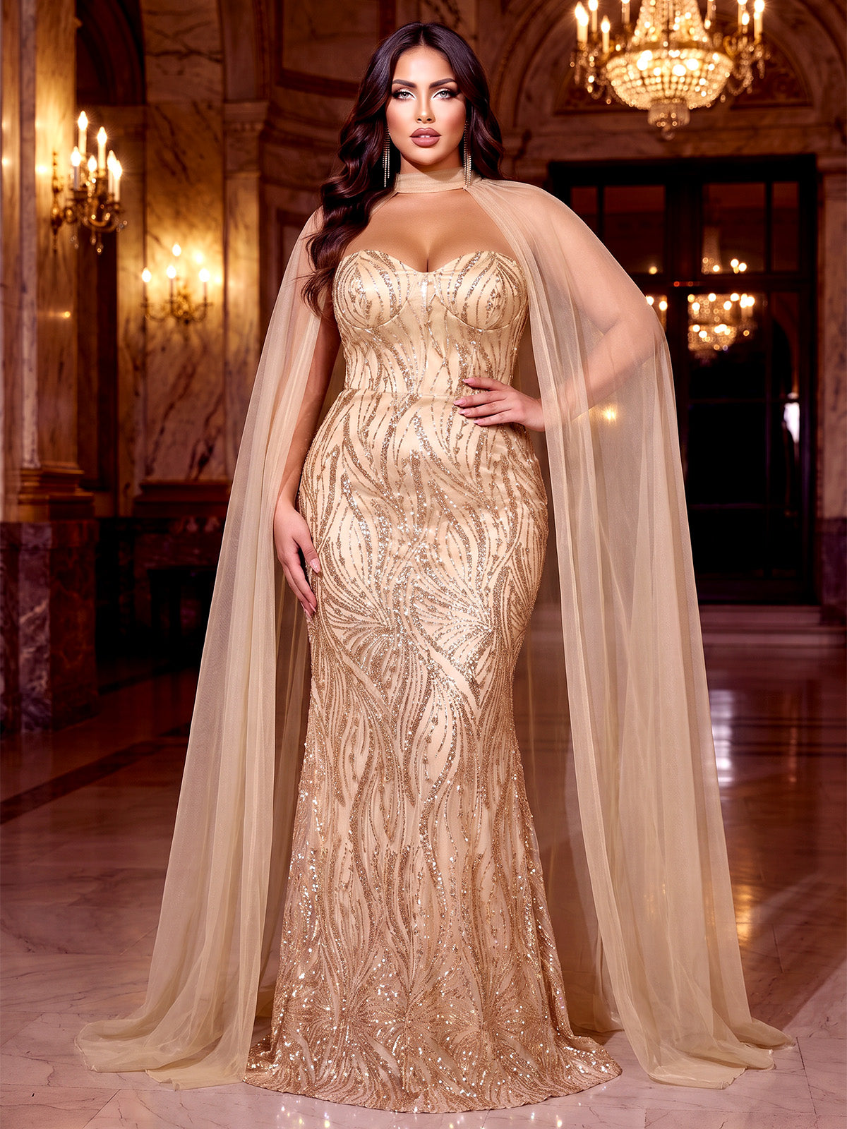 Mermaid Plus Size Evening Dresses Sequins Floor-Length Strapless Sleeveless With Cape