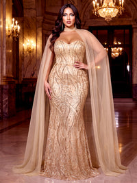Mermaid Plus Size Evening Dresses Sequins Floor-Length Strapless Sleeveless With Cape