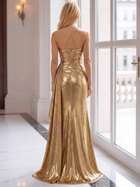 Sheath Evening Gown Luxury Strapless Sleeveless Floor Length Formal Satin Gold Runched Luxury Evening Dresses With Side Drape