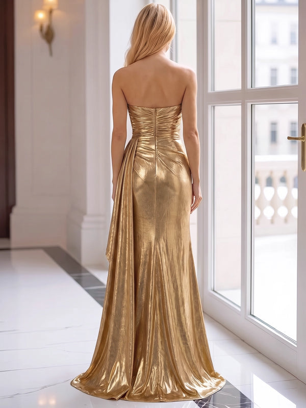 Sheath Evening Gown Luxury Strapless Sleeveless Floor Length Formal Satin Gold Runched Luxury Evening Dresses With Side Drape