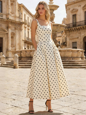 A-Line/Princess Cocktail Dress Satin Square Neck Sleeveless Ankle-Length Formal Dresses with Pockets&Polka Dots