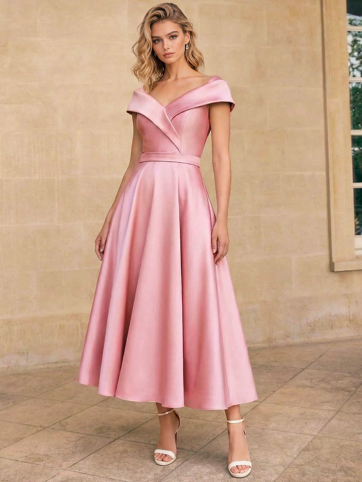 A-Line/Princess Elegant Cocktail Dress Off-The-Shoulder Short Sleeves Tea-Length Satin Dress With Bow