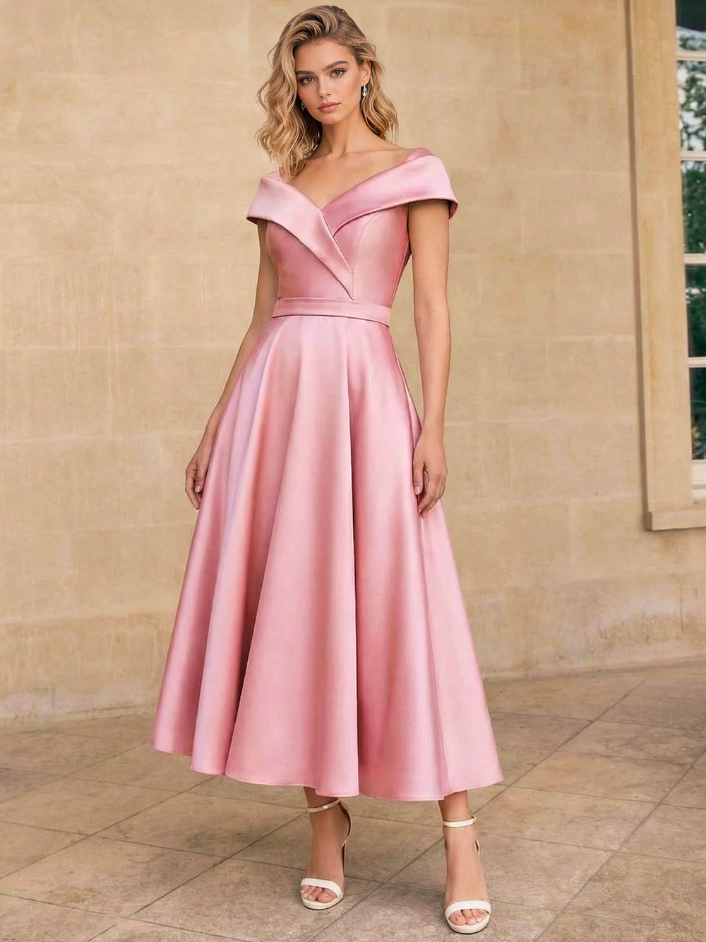 A-Line/Princess Elegant Cocktail Dress Off-The-Shoulder Short Sleeves Tea-Length Satin Dress With Bow