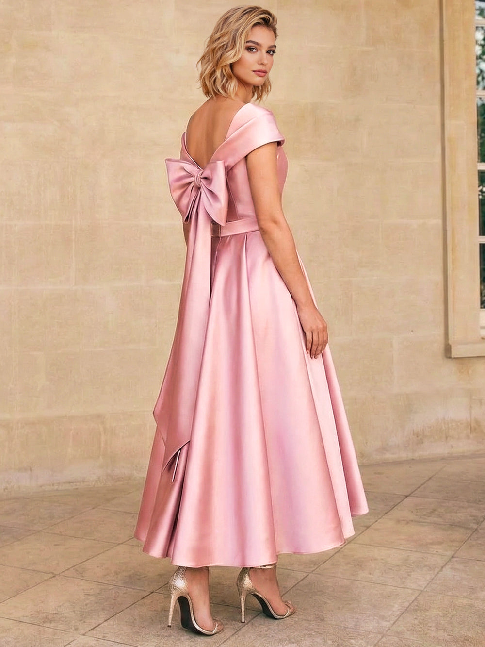 A-Line/Princess Elegant Cocktail Dress Off-The-Shoulder Short Sleeves Tea-Length Satin Dress With Bow