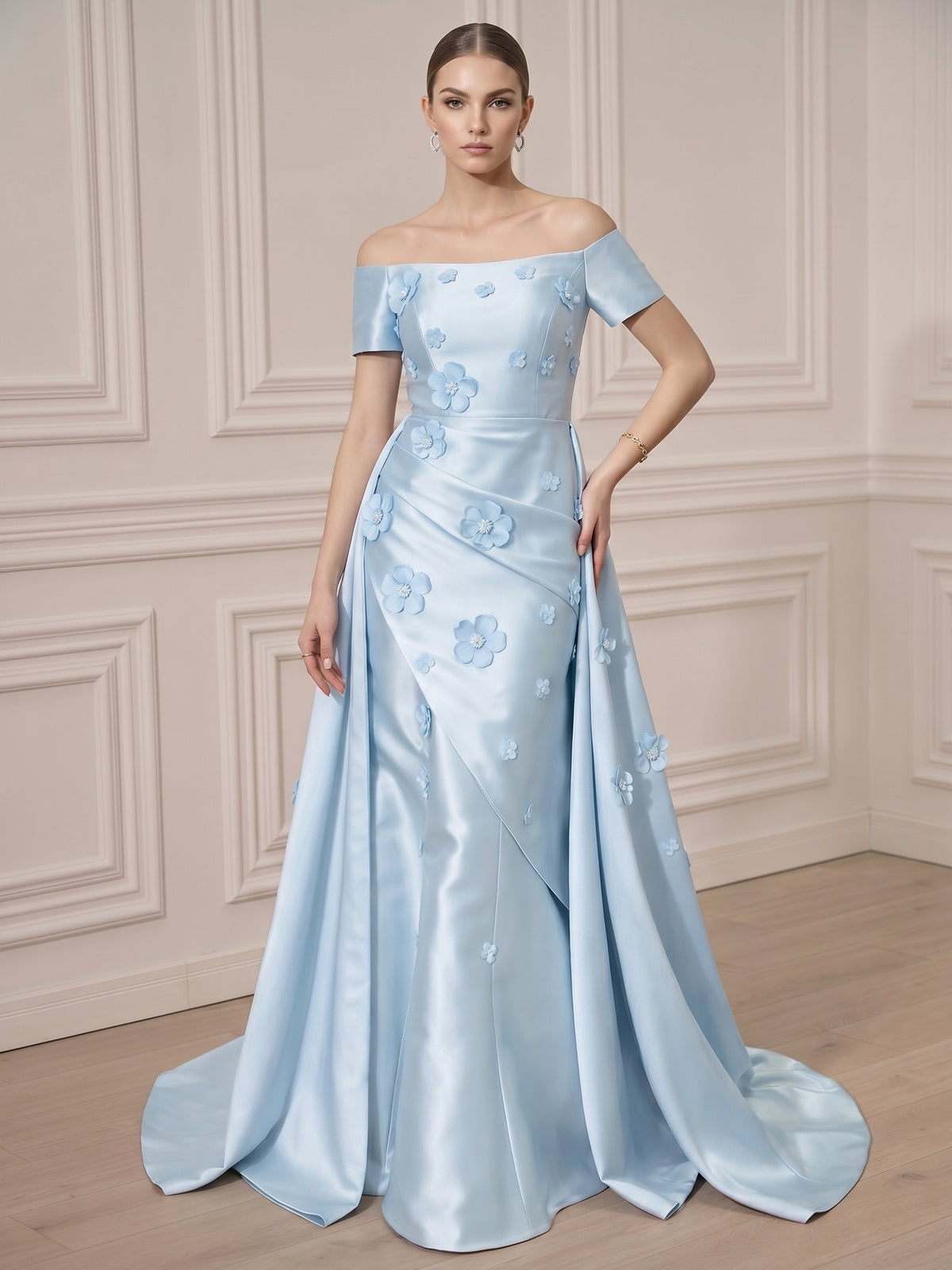 Nafori Light Blue A-Line Evening Dress Short Sleeve Floral Satin Floor Length Off The Shoulder Satin Dress Wedding Guest Dress 2026