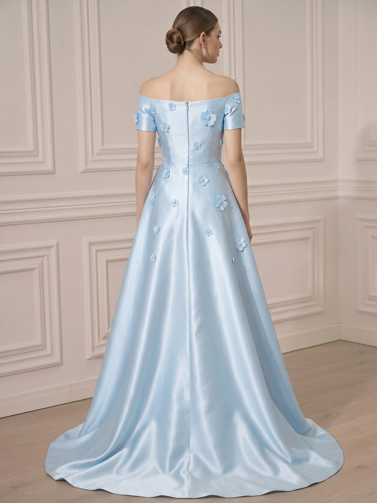 A-Line Evening Dress Short Sleeve Floral Satin Floor Length Off The Shoulder Satin Dress Wedding Guest Dress