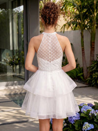 A-Line/Princess Homecoming Dresses Chiffon Beads Halter Sleeveless Short Layered Ruffles Covered button