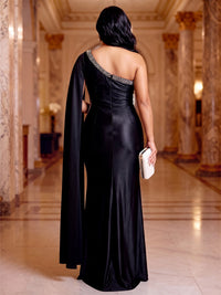 Mermaid/Trumpet Plus Size Evening Dresses Elegant Satin One-Shoulder Floor-Length Sleeveless Ruched Beaded Zipper With Long Drape
