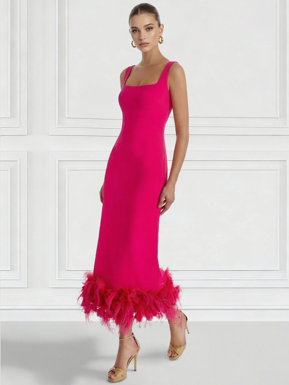Sheath/Column Cocktail Dress Square Neck Sleeveless Ankle Length Party Dance Cocktail Dress With Feathers