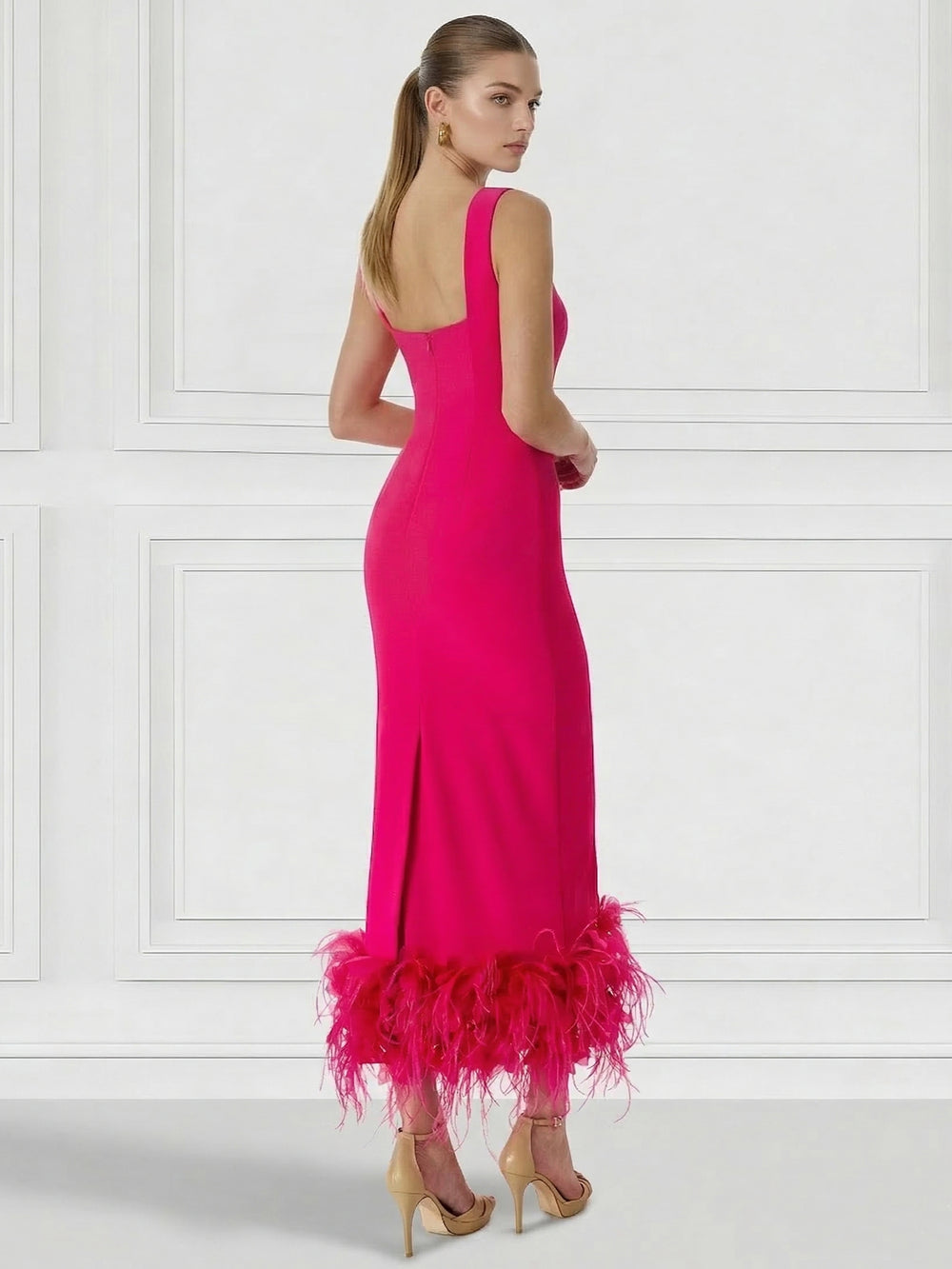 Sheath/Column Cocktail Dress Square Neck Sleeveless Ankle Length Party Dance Cocktail Dress With Feathers