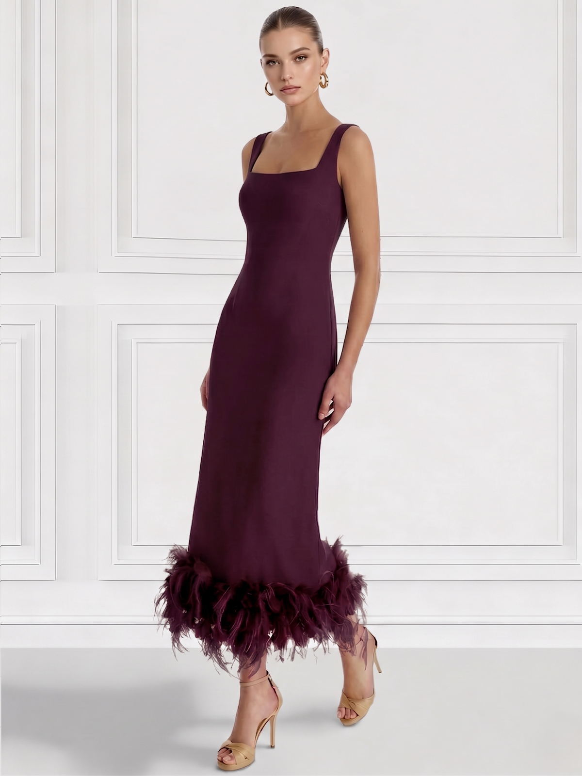Nafori Burgundy Sheath/Column Cocktail Dress Square Neck Sleeveless Ankle Length Party Dance Cocktail Dress With Feathers 2026