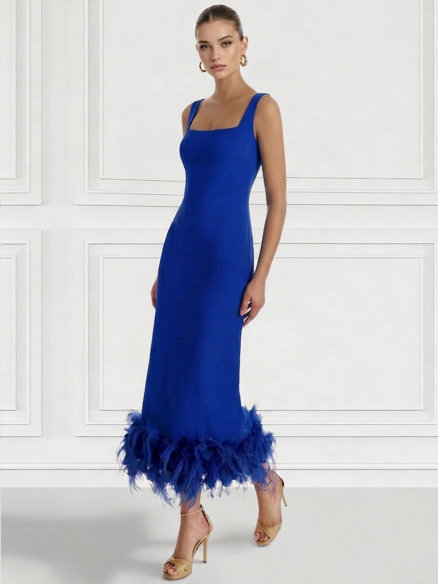 Nafori Royal Blue Sheath/Column Cocktail Dress Square Neck Sleeveless Ankle Length Party Dance Cocktail Dress With Feathers 2026