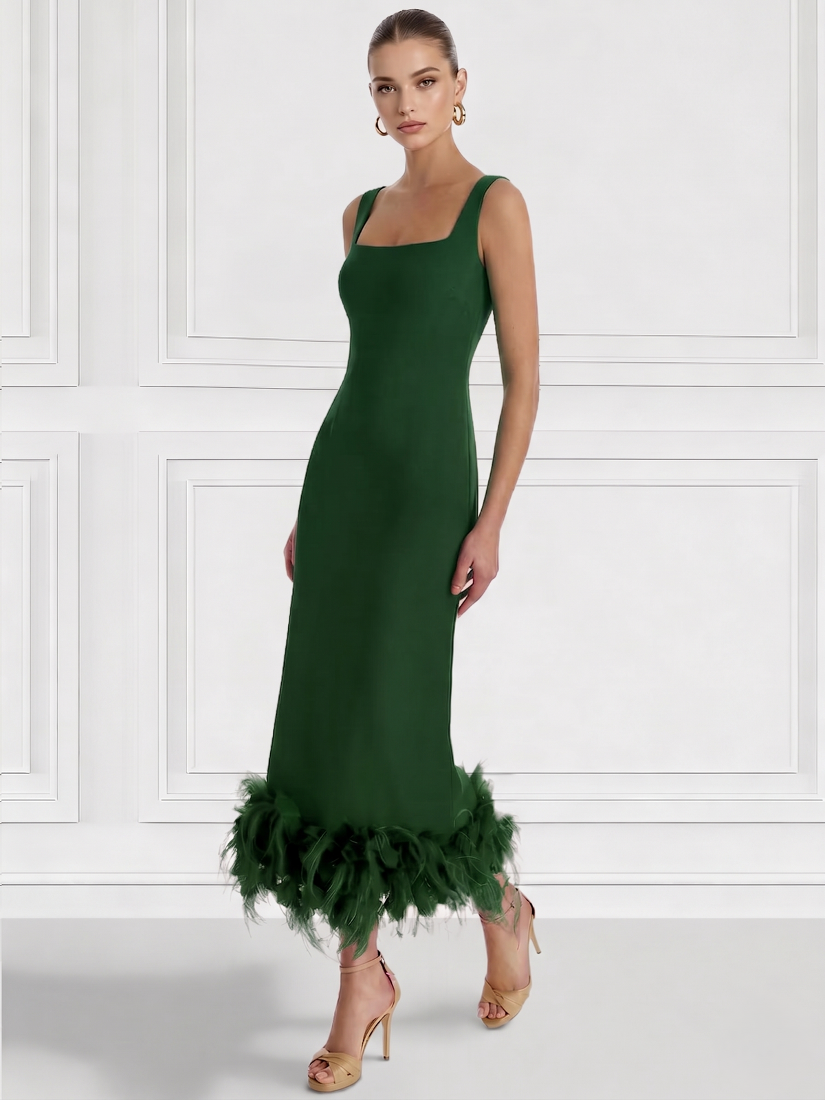 Nafori Emerald Green Sheath/Column Cocktail Dress Square Neck Sleeveless Ankle Length Party Dance Cocktail Dress With Feathers 2026