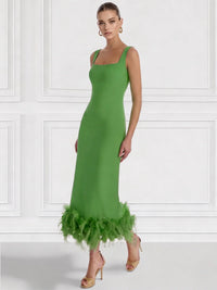 Sheath/Column Cocktail Dress Square Neck Sleeveless Ankle Length Party Dance Cocktail Dress With Feathers