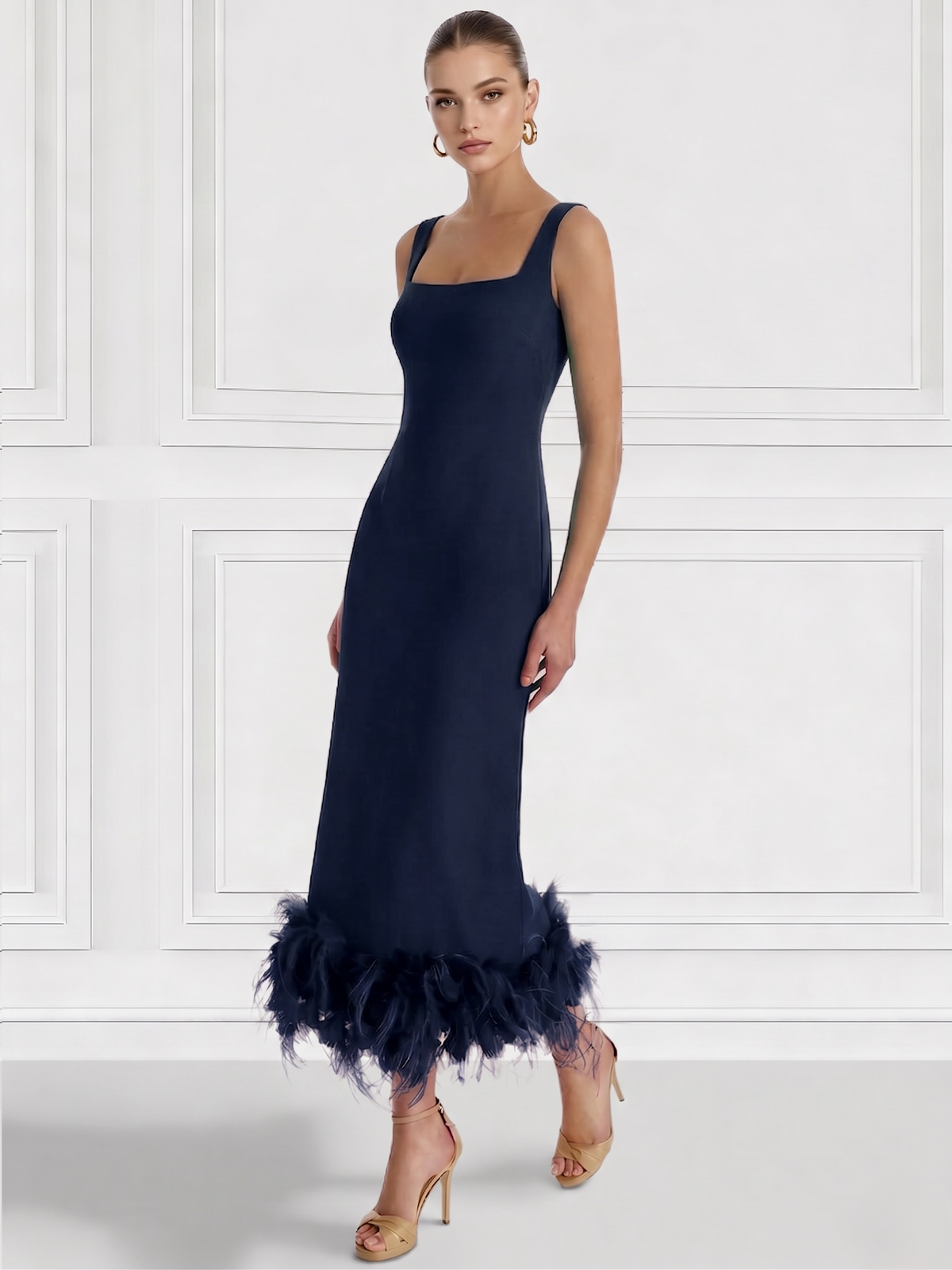 Nafori Navy Blue Sheath/Column Cocktail Dress Square Neck Sleeveless Ankle Length Party Dance Cocktail Dress With Feathers 2026