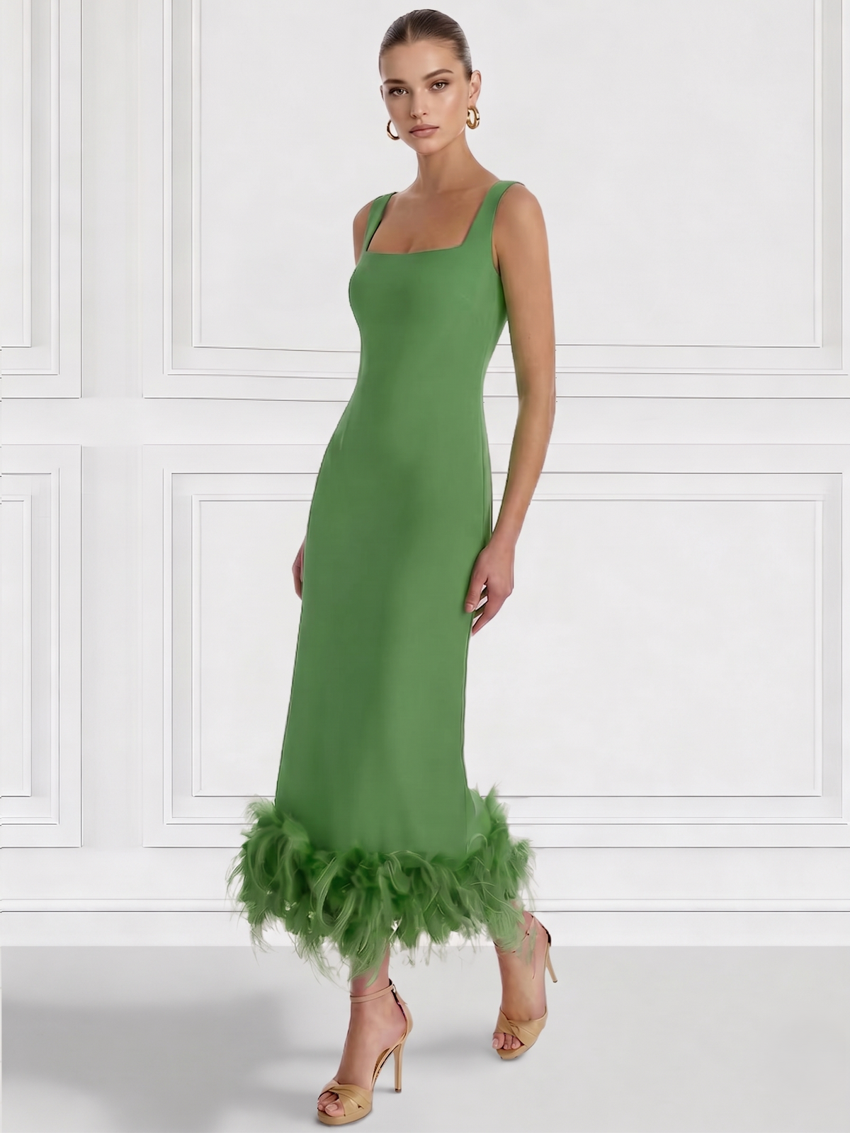 Nafori Emerald Green Sheath/Column Cocktail Dress Square Neck Sleeveless Ankle Length Party Dance Cocktail Dress With Feathers 2026
