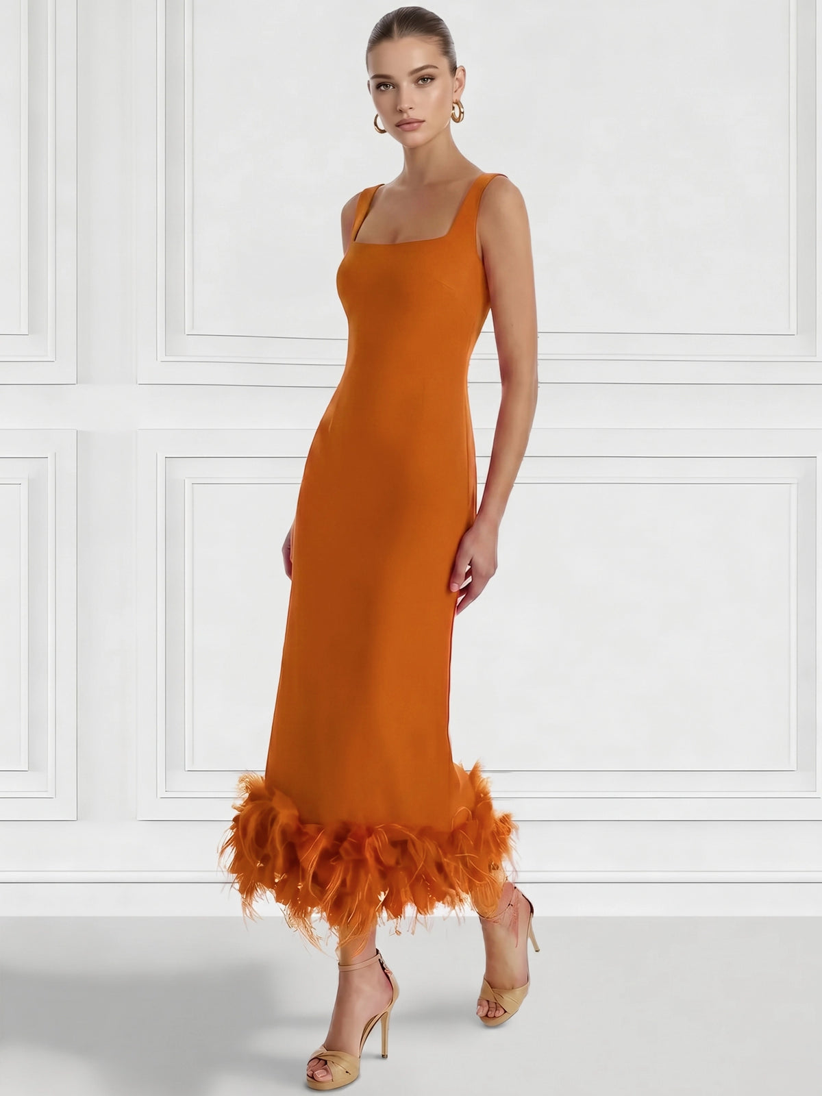 Sheath/Column Cocktail Dress Square Neck Sleeveless Ankle Length Party Dance Cocktail Dress With Feathers
