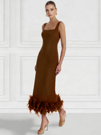 Sheath/Column Cocktail Dress Square Neck Sleeveless Ankle Length Party Dance Cocktail Dress With Feathers