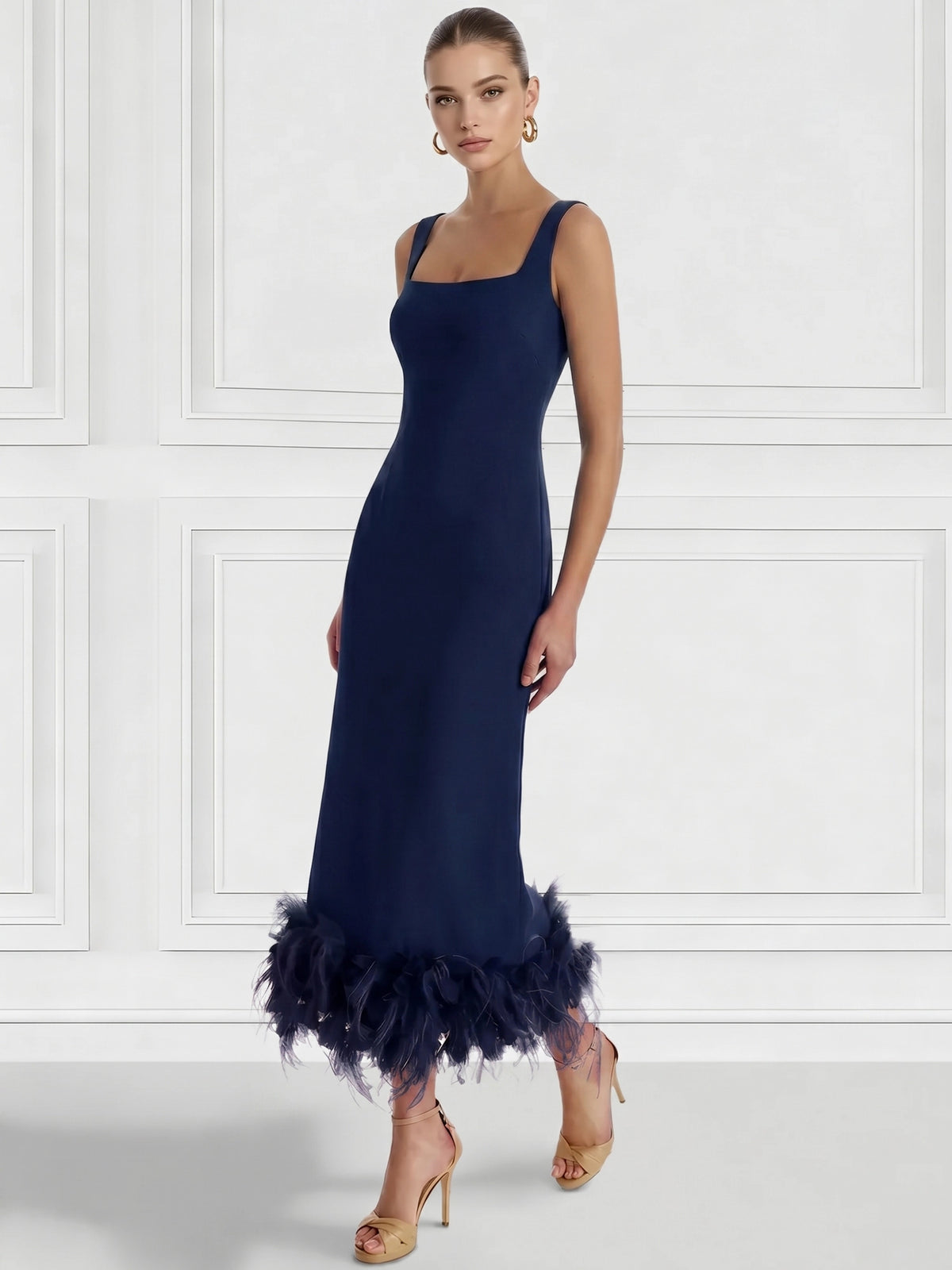 Sheath/Column Cocktail Dress Square Neck Sleeveless Ankle Length Party Dance Cocktail Dress With Feathers