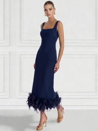 Sheath/Column Cocktail Dress Square Neck Sleeveless Ankle Length Party Dance Cocktail Dress With Feathers