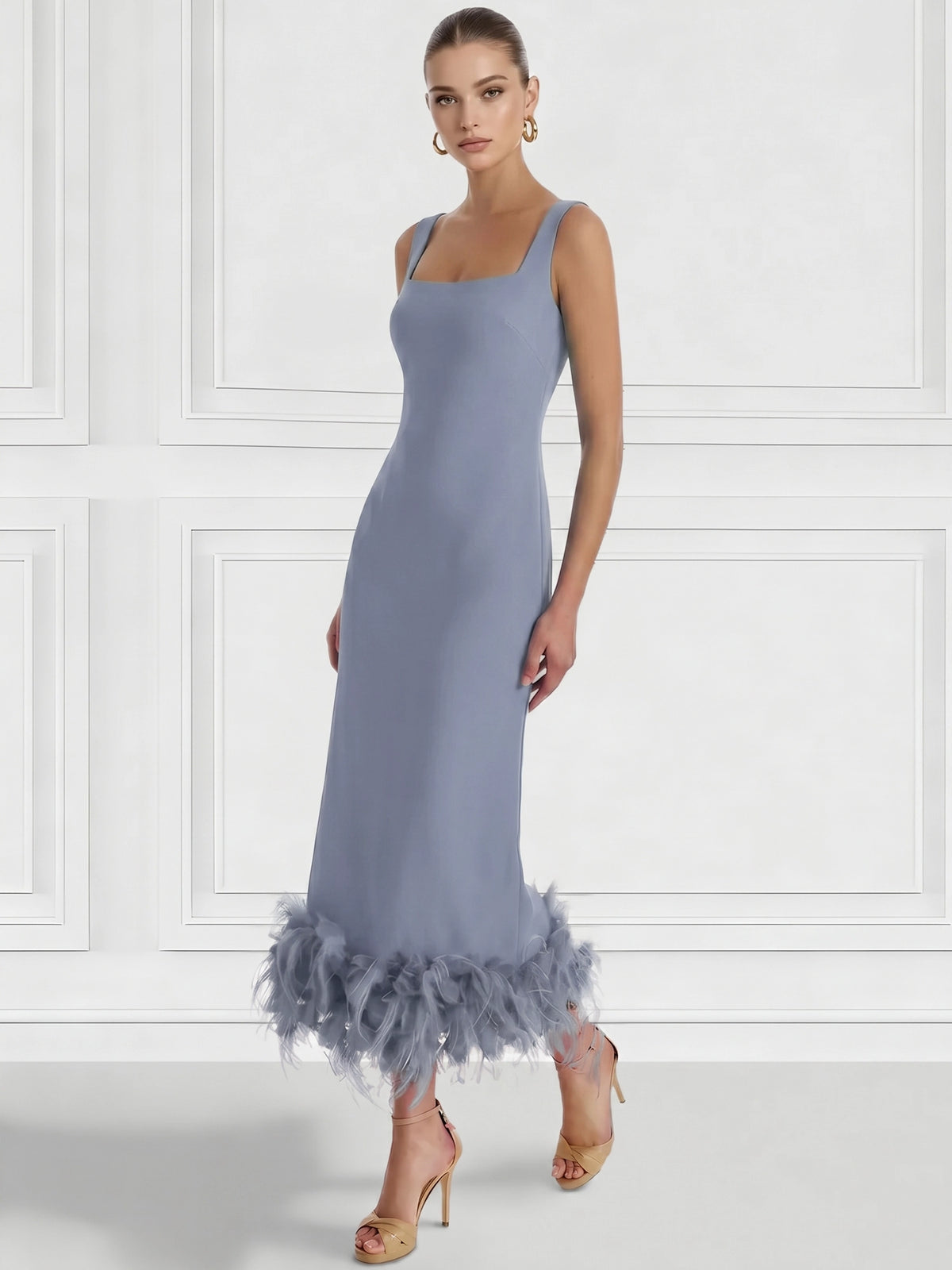 Sheath/Column Cocktail Dress Square Neck Sleeveless Ankle Length Party Dance Cocktail Dress With Feathers