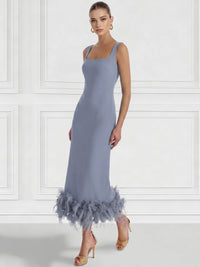 Sheath/Column Cocktail Dress Square Neck Sleeveless Ankle Length Party Dance Cocktail Dress With Feathers
