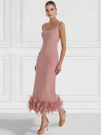 Sheath/Column Cocktail Dress Square Neck Sleeveless Ankle Length Party Dance Cocktail Dress With Feathers