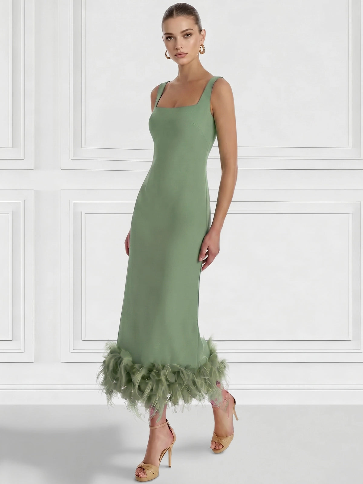 Sheath/Column Cocktail Dress Square Neck Sleeveless Ankle Length Party Dance Cocktail Dress With Feathers