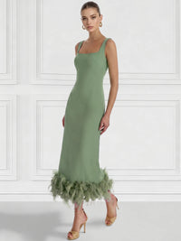 Sheath/Column Cocktail Dress Square Neck Sleeveless Ankle Length Party Dance Cocktail Dress With Feathers