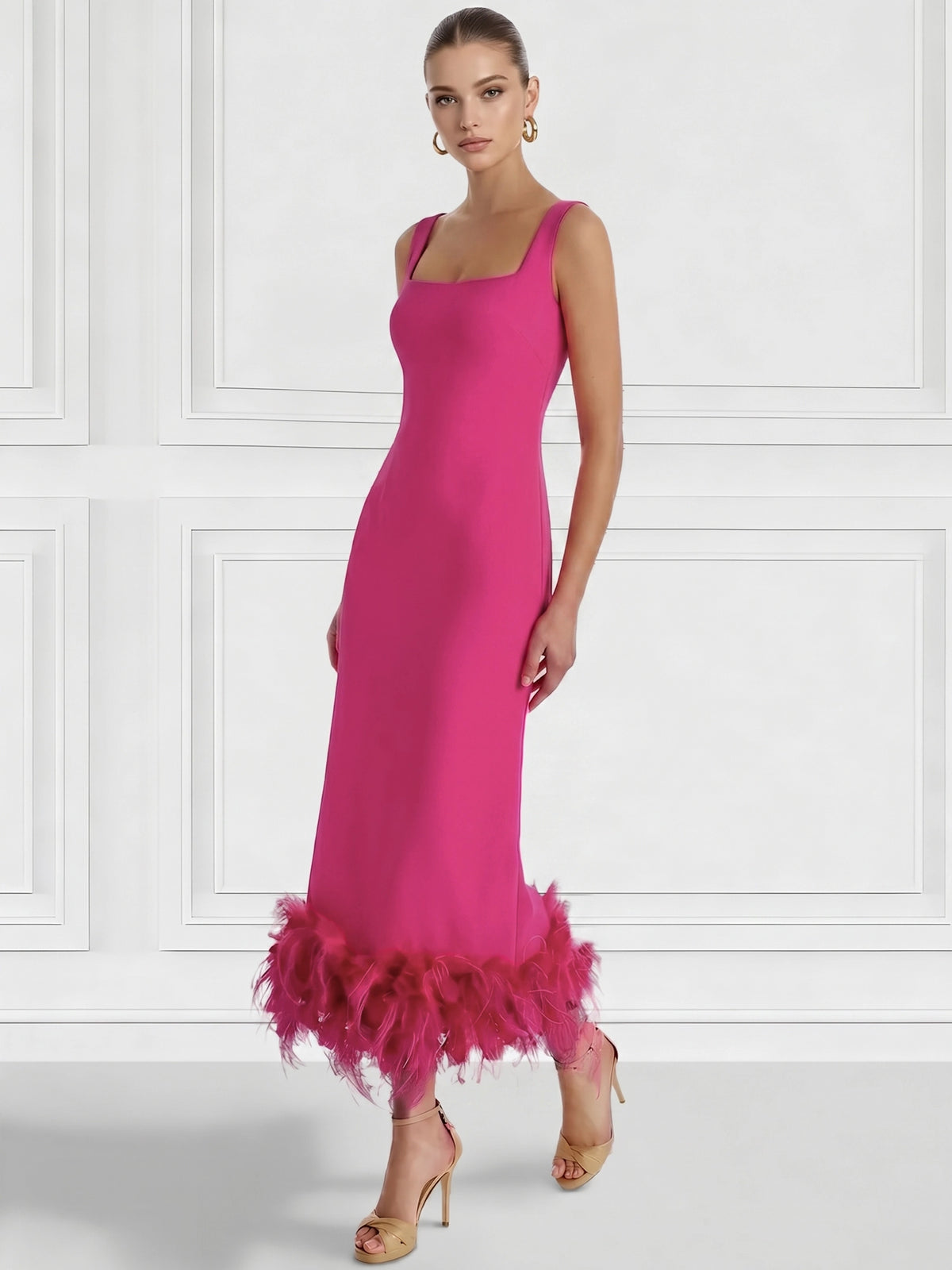 Sheath/Column Cocktail Dress Square Neck Sleeveless Ankle Length Party Dance Cocktail Dress With Feathers